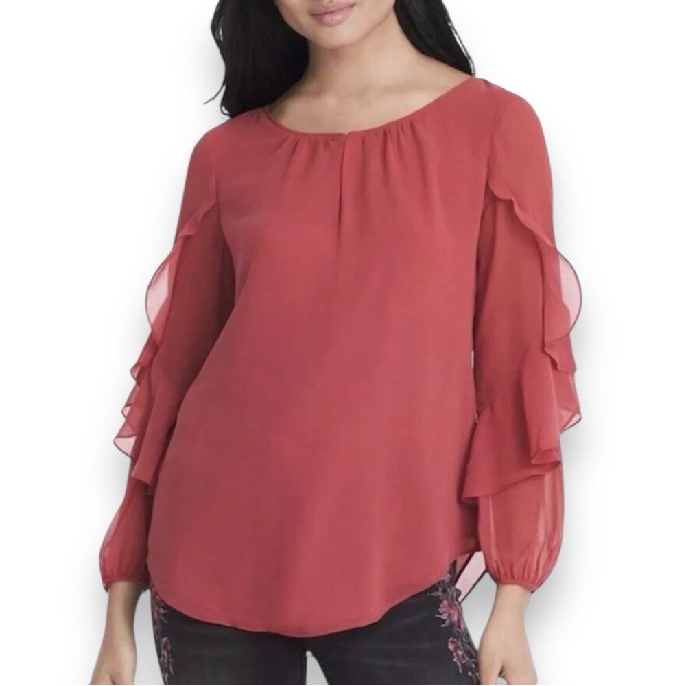 WHBM Women's Mauve Ruffle Long Sleeve Lightweight Chiffon‎ Blouse Size 6 | EUC